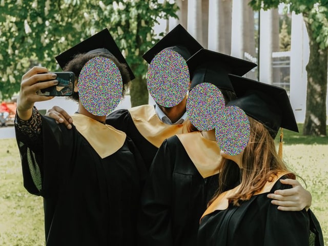 The same photo with classmates' faces covered by HideFace